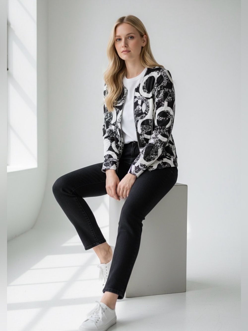 Joseph Ribkoff Black & White Circle-Print Zip Jacket - Picture 3 of 9